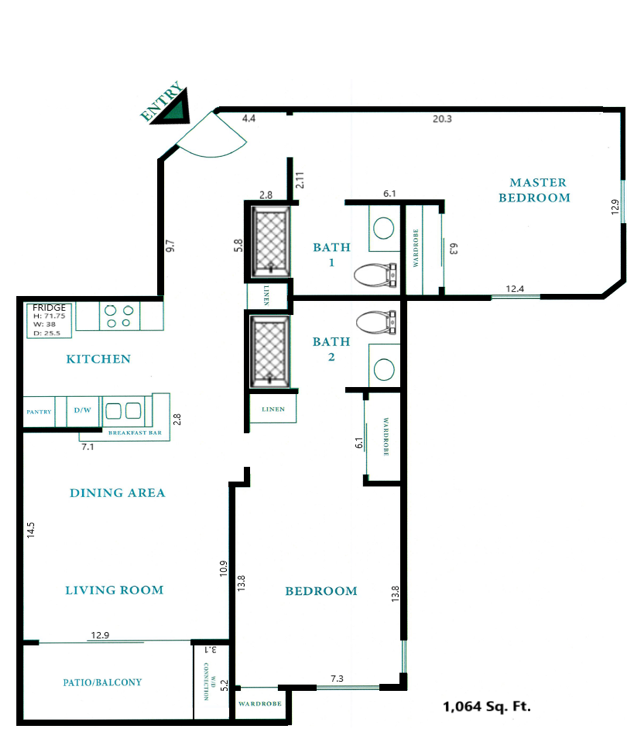 Floor plan for 2 beds, 2 baths, 1064 sqft